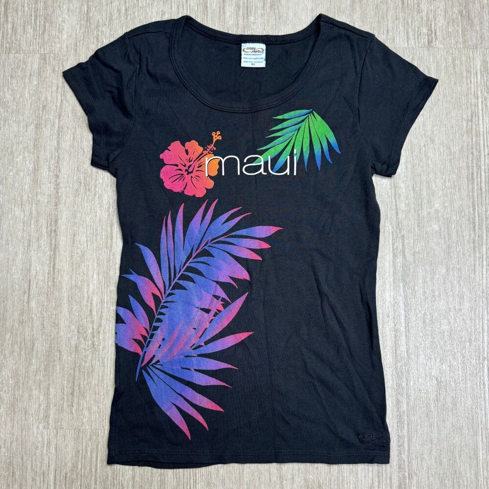 Crazy Shirt Hawaii Womens XS Black Short Sleeve Maui Floral Aloha Scoop Neck